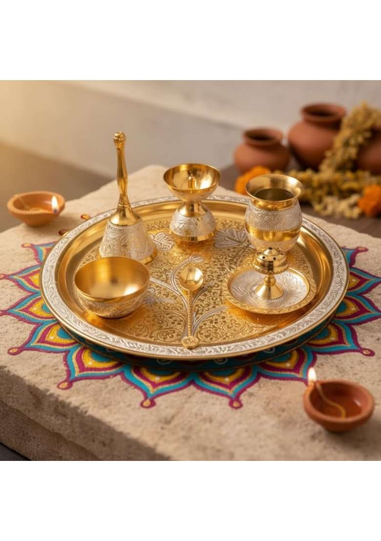 Brass Pooja Thali Set 10Inch Puja Thali Set with Pooja Items - Indya