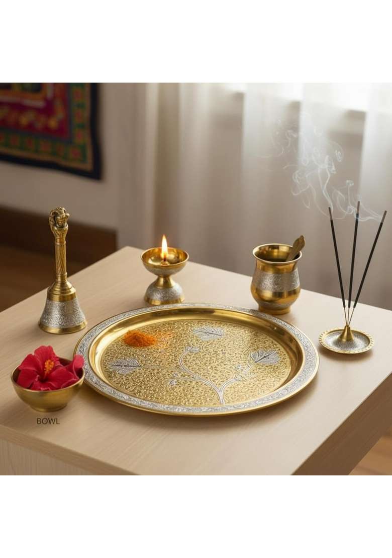 Brass Pooja Thali Set 10Inch Puja Thali Set with Pooja Items - Indya