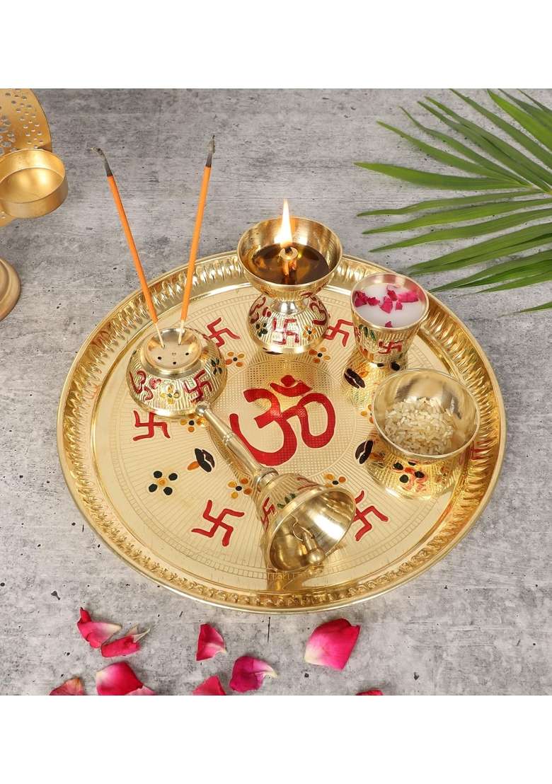 Two Moustaches 9 Inches Om and Swastika Design Brass Pooja Thali Set Puja Aarti Thali Set Pack of 6 - Indya