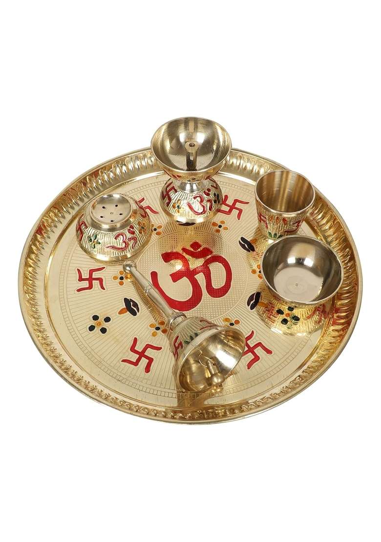 Two Moustaches 9 Inches Om and Swastika Design Brass Pooja Thali Set Puja Aarti Thali Set Pack of 6 - Indya