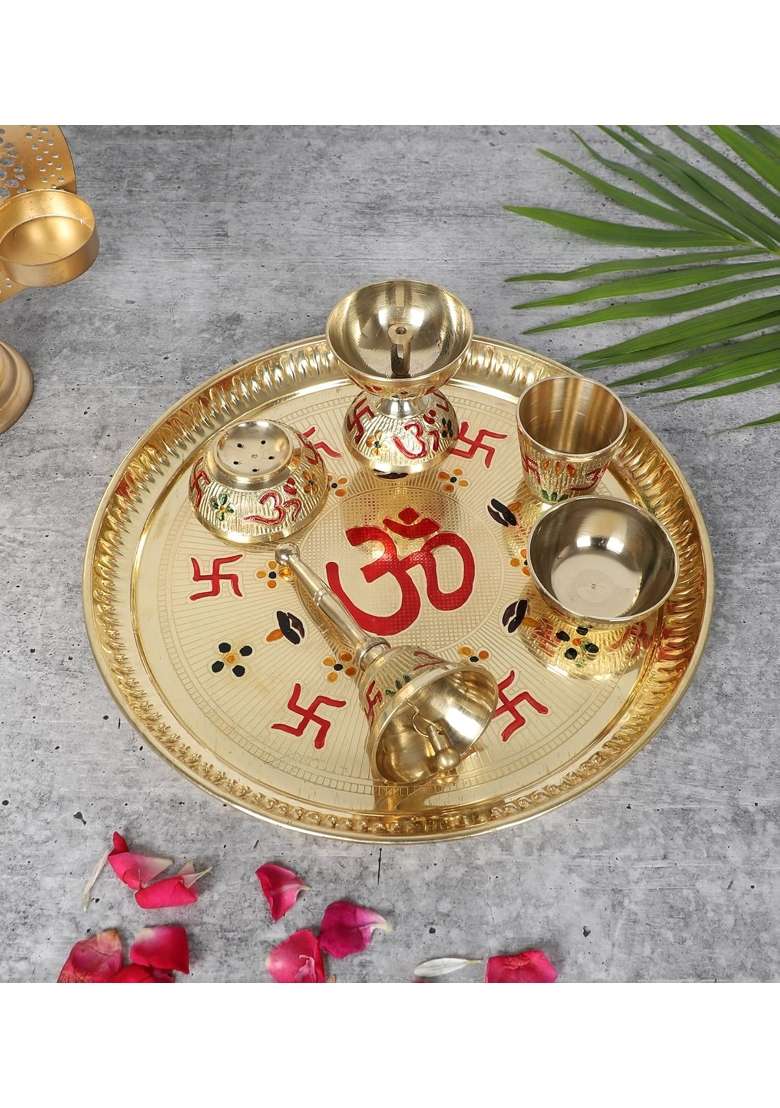 Two Moustaches 9 Inches Om and Swastika Design Brass Pooja Thali Set Puja Aarti Thali Set Pack of 6 - Indya