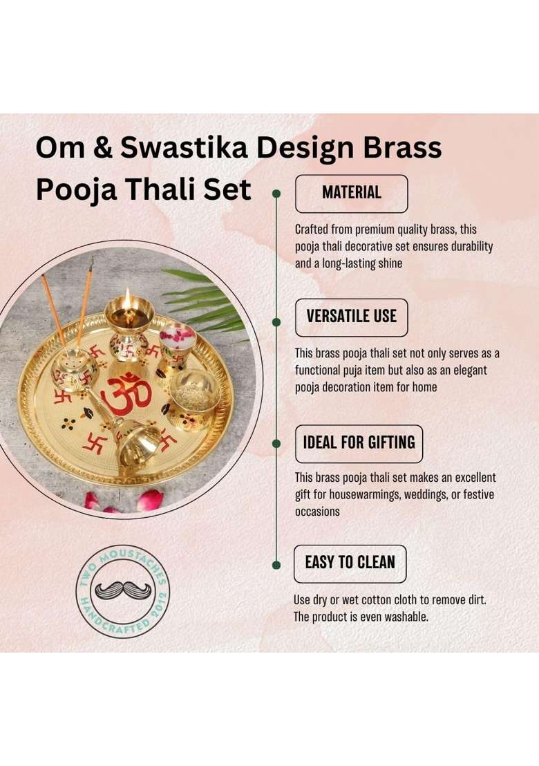Two Moustaches 9 Inches Om and Swastika Design Brass Pooja Thali Set Puja Aarti Thali Set Pack of 6 - Indya
