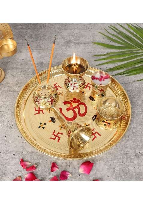 Two Moustaches 9 Inches Om and Swastika Design Brass Pooja Thali Set Puja Aarti Thali Set Pack of 6