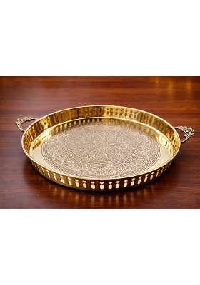 Mkd2 Rise Handmade Embossed Pure Brass Puja Thali with Handle 12 Inch Round Pooja Plate Gold 1 Piece