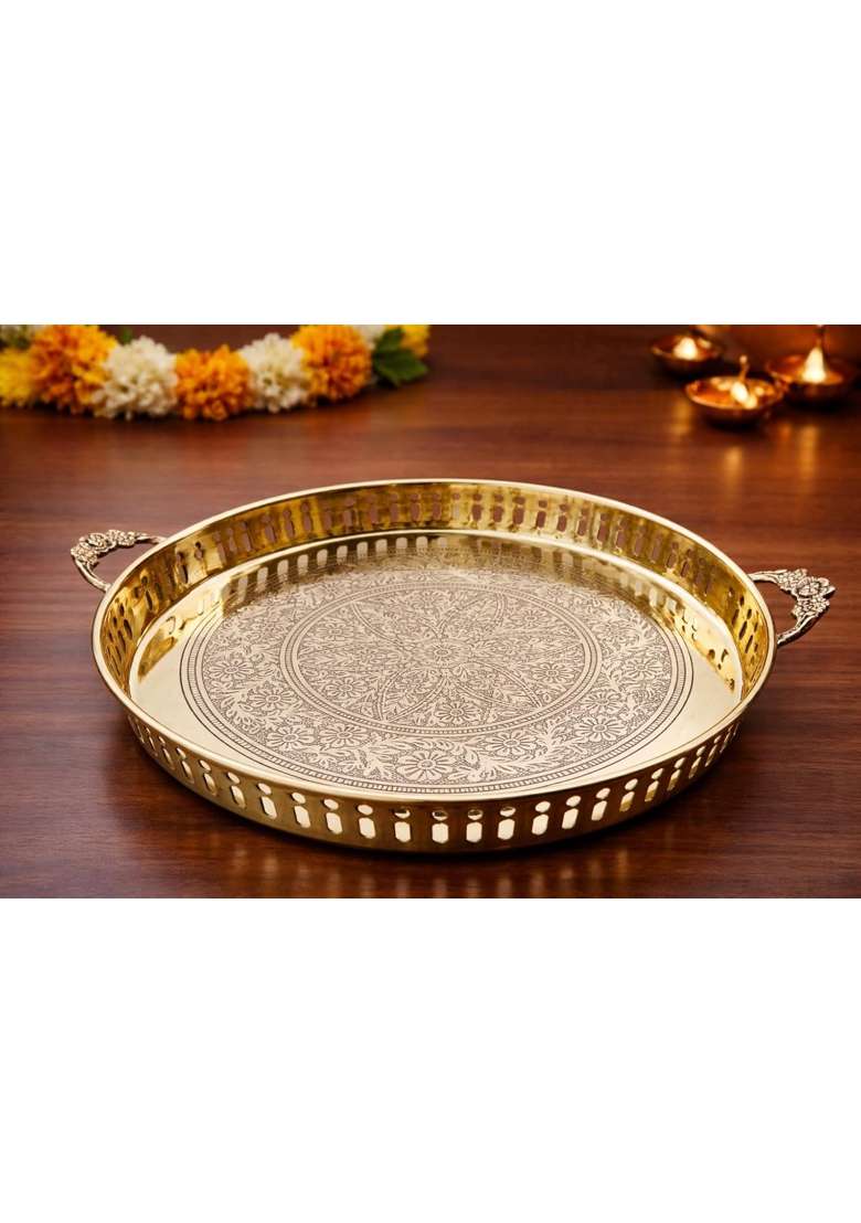Mkd2 Rise Handmade Embossed Pure Brass Puja Thali with Handle 12 Inch Round Pooja Plate Gold 1 Piece - Indya