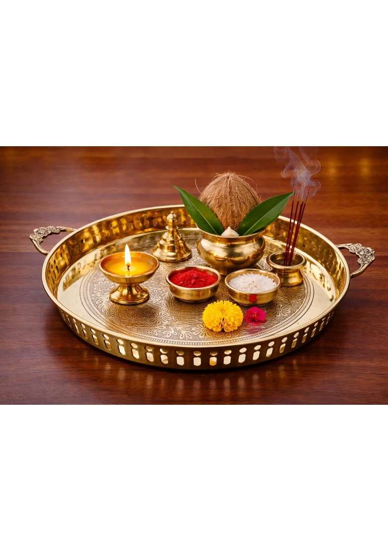 Mkd2 Rise Handmade Embossed Pure Brass Puja Thali with Handle 12 Inch Round Pooja Plate Gold 1 Piece - Indya