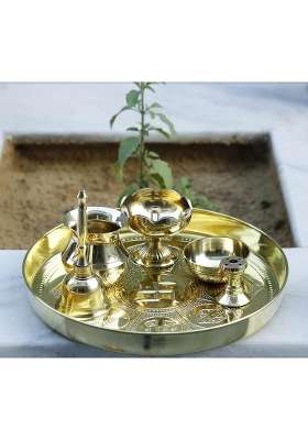 Indian Art Villa Pure Brass Pooja Thali Set with Ashtmangal Beeded Design Religious Spiritual Item Home Temple