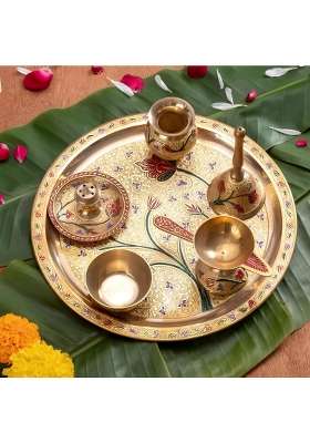 Servdharm Gold Meenakari Brass Pooja Thali Set 10 Decorative High Density Brass Plate Set for Pooja Rituals