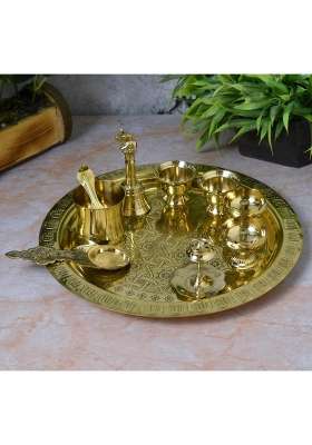 Neetu Arts Gold Pooja Thali Set Brass Plate with 2 Diyas Kumkum Bowls Agarbatti Stand Panchpatra