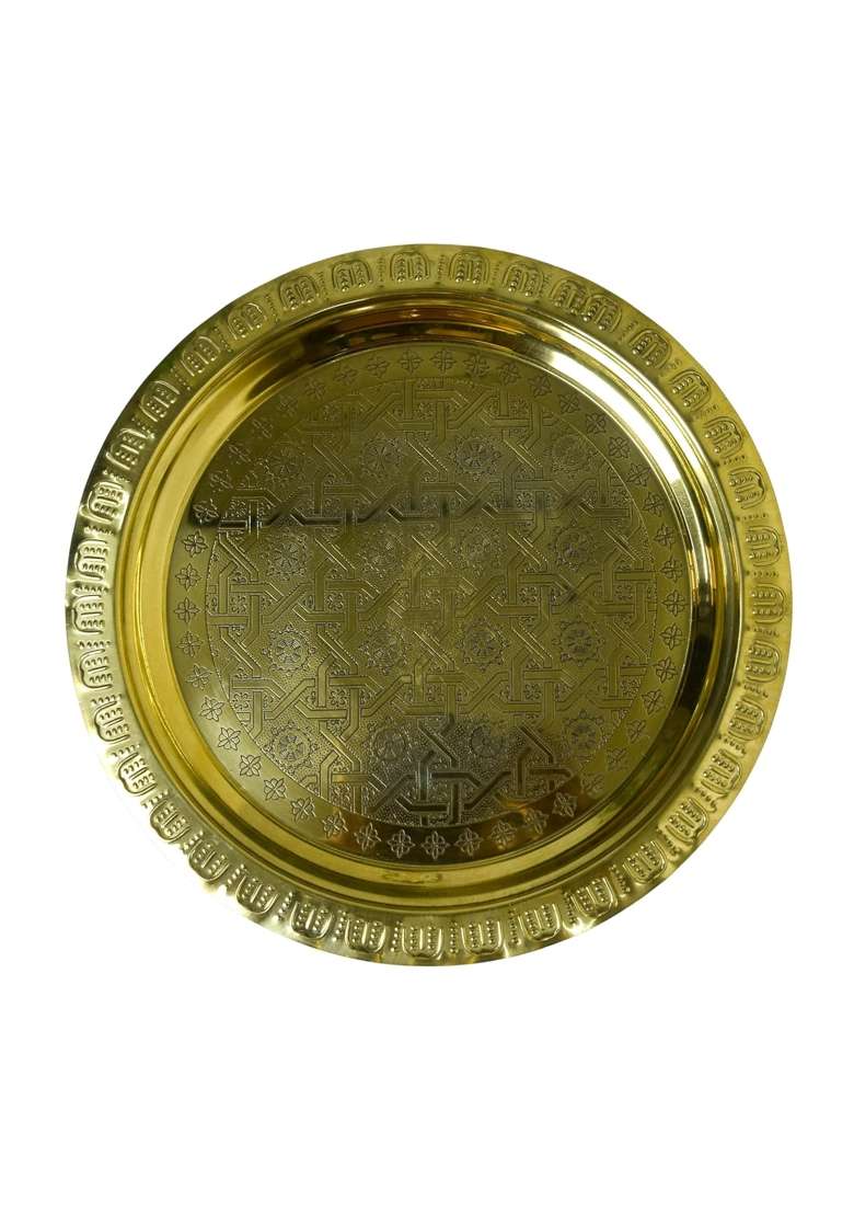 Neetu Arts Gold Pooja Thali Set Brass Plate with 2 Diyas Kumkum Bowls Agarbatti Stand Panchpatra - Indya