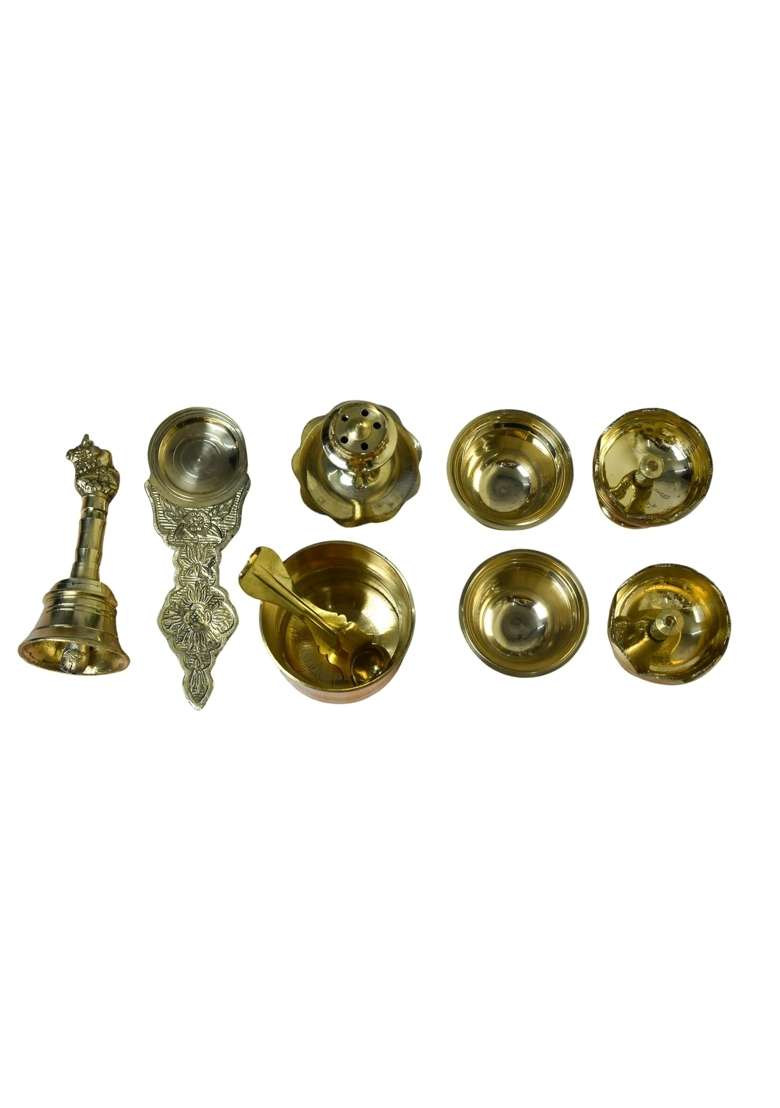 Neetu Arts Gold Pooja Thali Set Brass Plate with 2 Diyas Kumkum Bowls Agarbatti Stand Panchpatra - Indya