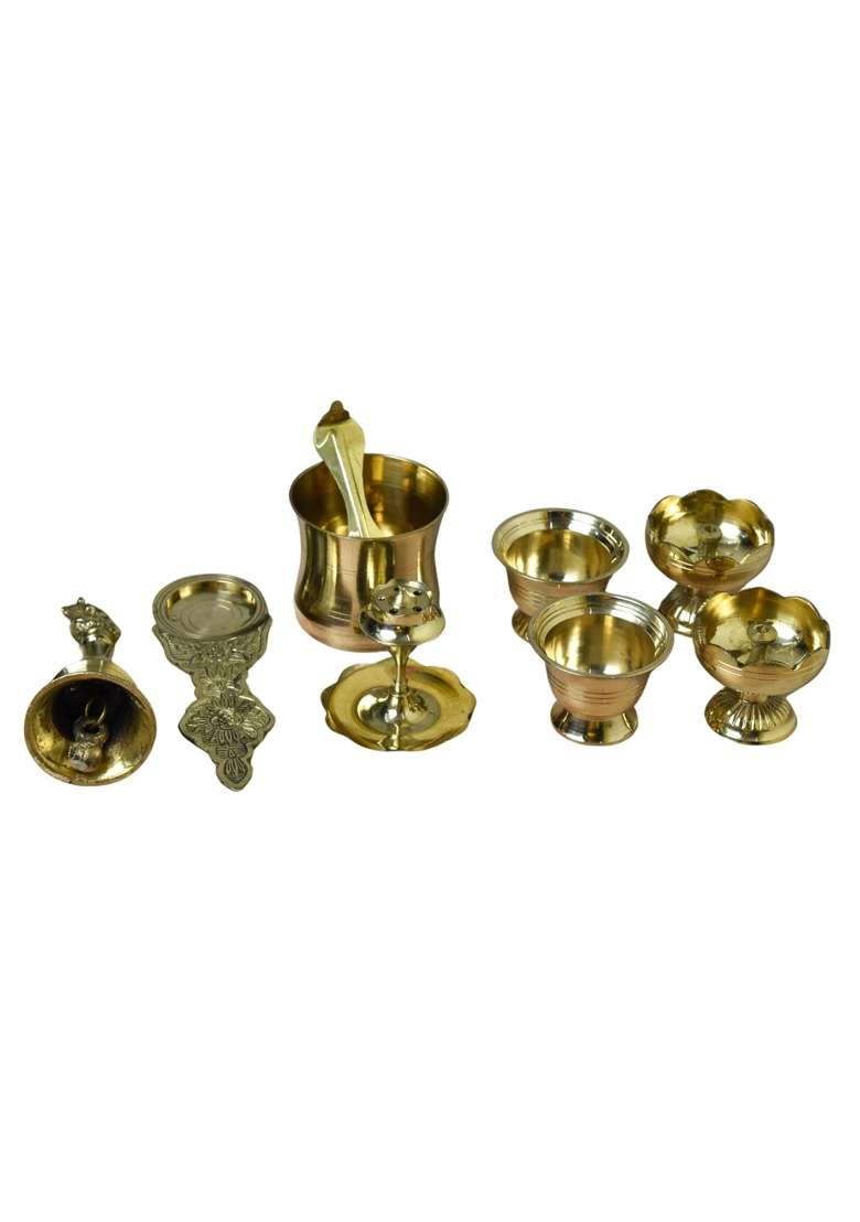 Neetu Arts Gold Pooja Thali Set Brass Plate with 2 Diyas Kumkum Bowls Agarbatti Stand Panchpatra - Indya