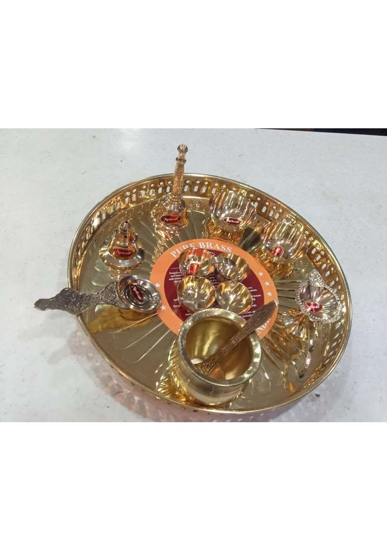 12 Inch Premium Brass Pooja Thali Set 1 Point 1 KG Heavy Duty Complete Puja Set with 2 Prasad Bowls - Indya
