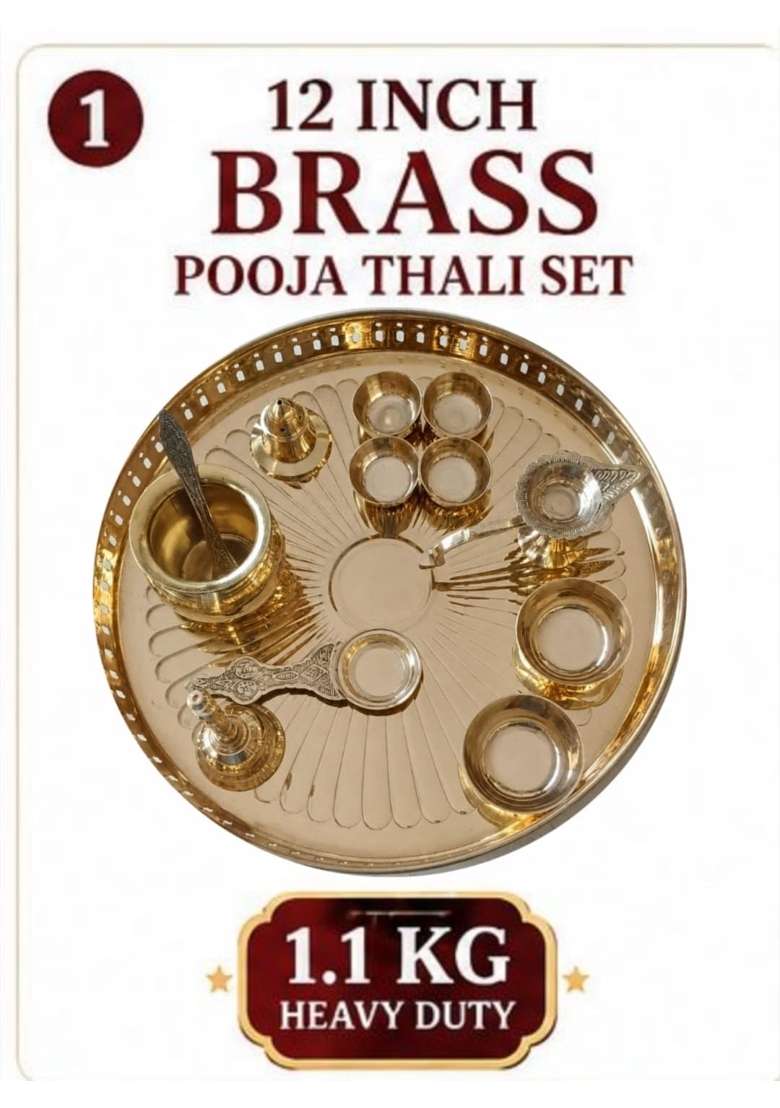 12 Inch Premium Brass Pooja Thali Set 1 Point 1 KG Heavy Duty Complete Puja Set with 2 Prasad Bowls - Indya