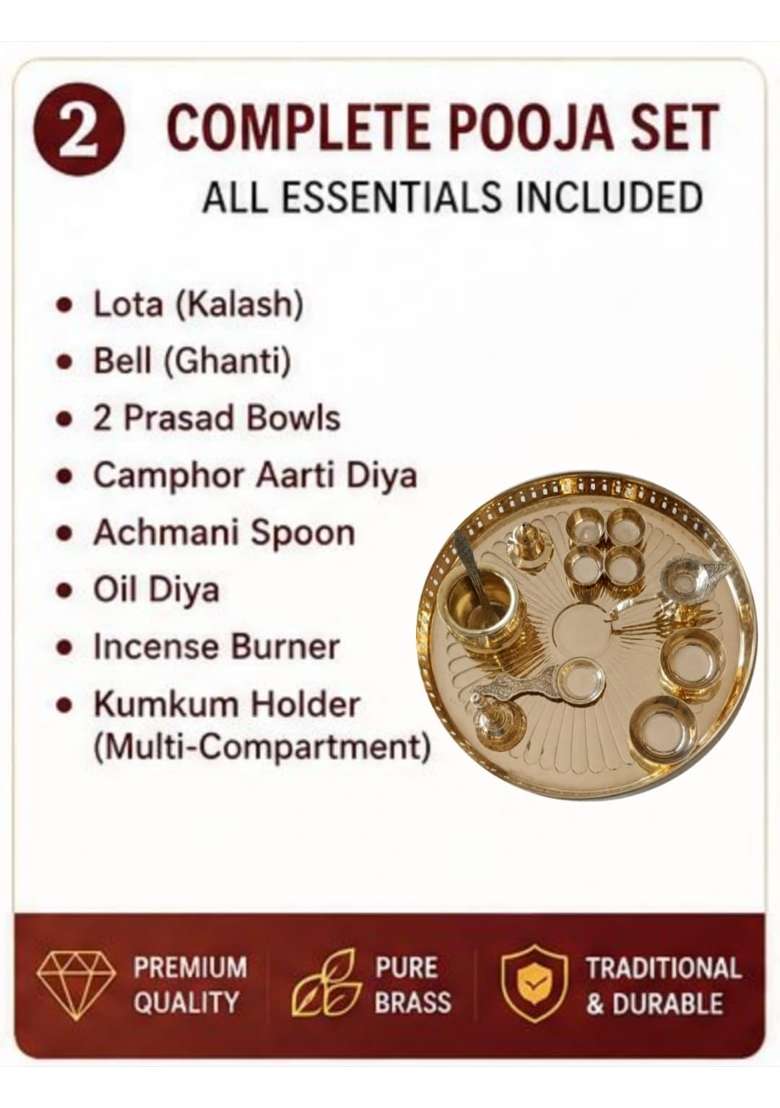12 Inch Premium Brass Pooja Thali Set 1 Point 1 KG Heavy Duty Complete Puja Set with 2 Prasad Bowls - Indya