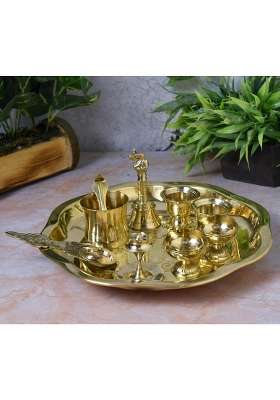 Neetu Arts Gold Flower Design Brass Pooja Thali Set Includes 1 Plate 2 Diyas 2 Kumkum Bowls 1 Agarbatti Stand