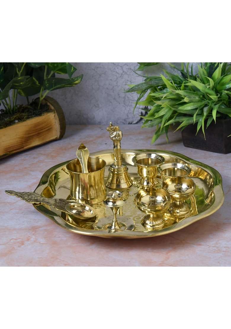 Neetu Arts Gold Flower Design Brass Pooja Thali Set Includes 1 Plate 2 Diyas 2 Kumkum Bowls 1 Agarbatti Stand - Indya
