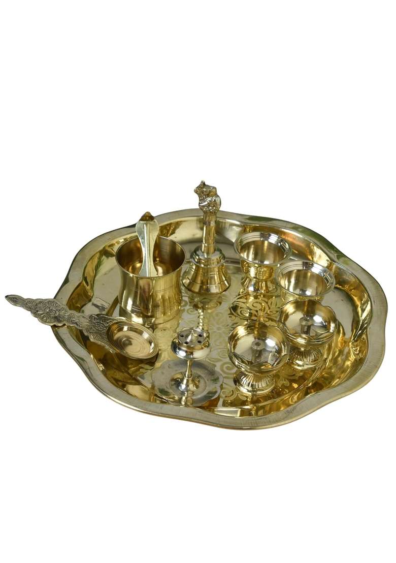Neetu Arts Gold Flower Design Brass Pooja Thali Set Includes 1 Plate 2 Diyas 2 Kumkum Bowls 1 Agarbatti Stand - Indya