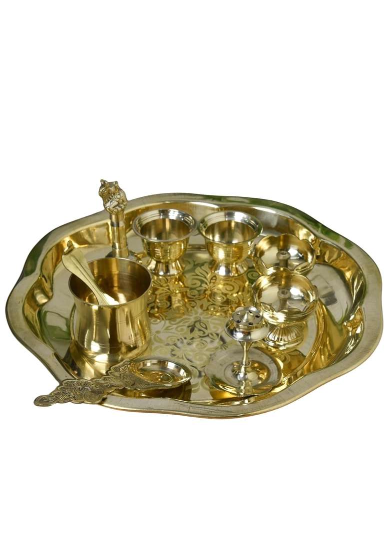 Neetu Arts Gold Flower Design Brass Pooja Thali Set Includes 1 Plate 2 Diyas 2 Kumkum Bowls 1 Agarbatti Stand - Indya