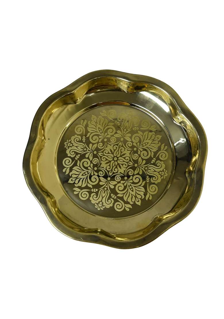 Neetu Arts Gold Flower Design Brass Pooja Thali Set Includes 1 Plate 2 Diyas 2 Kumkum Bowls 1 Agarbatti Stand - Indya