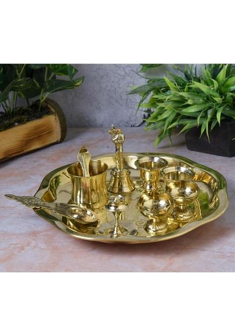 Neetu Arts Gold Flower Design Brass Pooja Thali Set Includes 1 Plate 2 Diyas 2 Kumkum Bowls 1 Agarbatti Stand