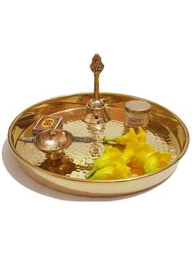 Pure Source India Gold Brass Pooja Thali Set 10 Inch Brass