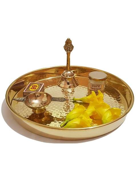 Pure Source India Gold Brass Pooja Thali Set 10 Inch Brass