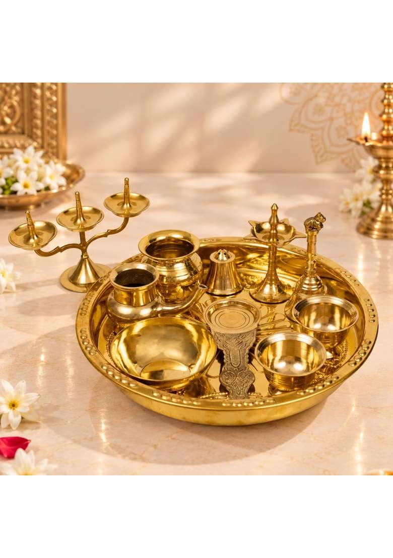 Putrika Yellow Traditional Handcrafted Brass Ashta Mangala Pooja Thali Set - Indya