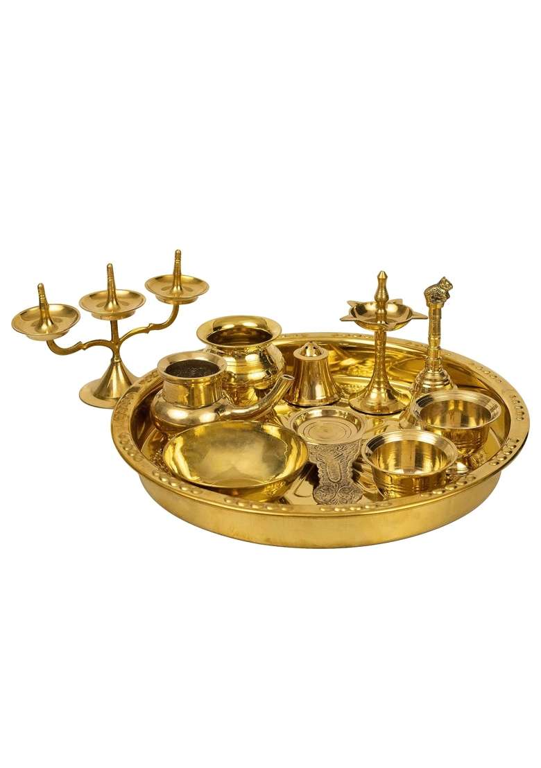Putrika Yellow Traditional Handcrafted Brass Ashta Mangala Pooja Thali Set - Indya