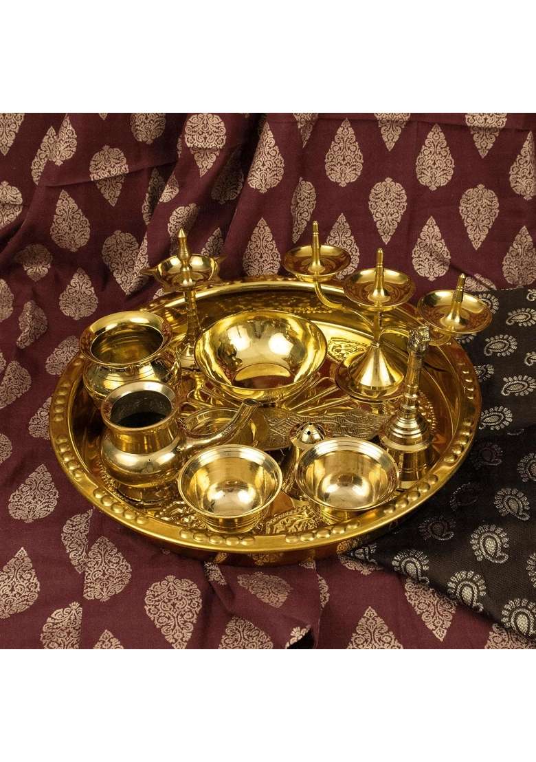 Putrika Yellow Traditional Handcrafted Brass Ashta Mangala Pooja Thali Set - Indya
