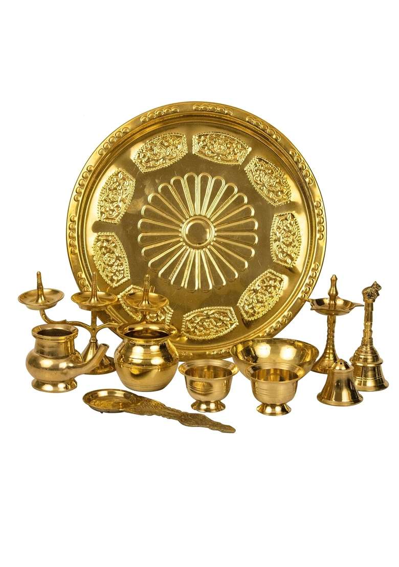 Putrika Yellow Traditional Handcrafted Brass Ashta Mangala Pooja Thali Set - Indya