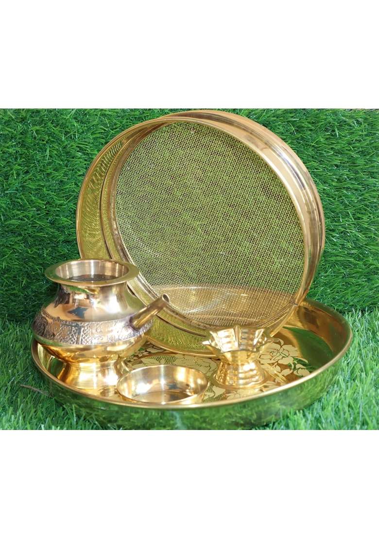 Choice One Artisanal for Karwachauth Ideal for Rituals and Gifting Golden Thali 9 Inch Lota 3 and Half Inch - Indya