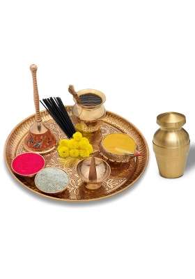 Karigar Creations Golden Brass Pooja Items Pooja Thali Pieces Traditional Pital Pooja Articles Set of 9