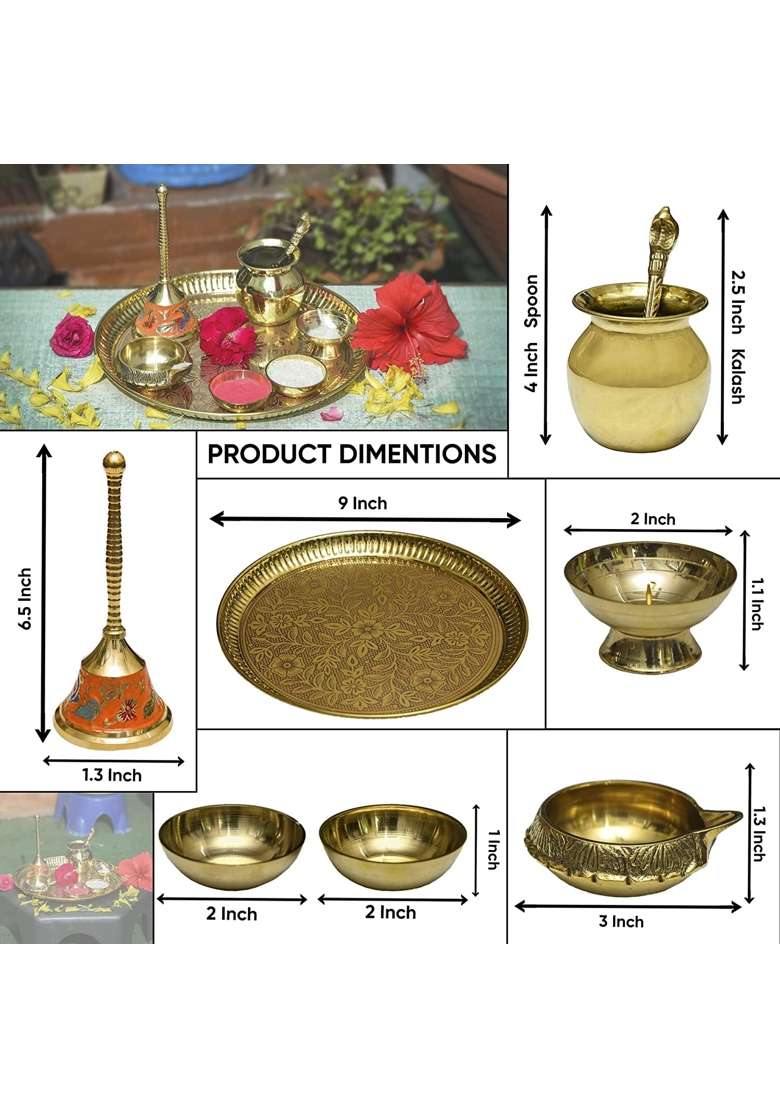 Karigar Creations Golden Brass Pooja Items Pooja Thali Pieces Traditional Pital Pooja Articles Set of 9 - Indya