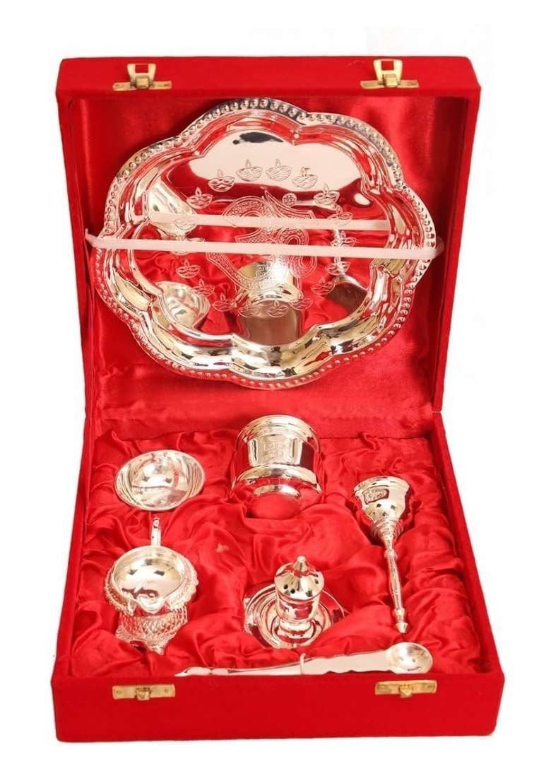 Indian Art Villa Om Design Silver Plated Pooja Aarti Thali for Poojan Purpose Pieces Set of 7 - Indya
