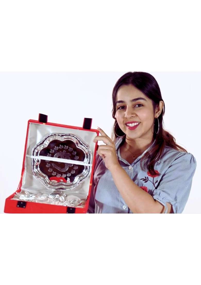 Indian Art Villa Om Design Silver Plated Pooja Aarti Thali for Poojan Purpose Pieces Set of 7 - Indya