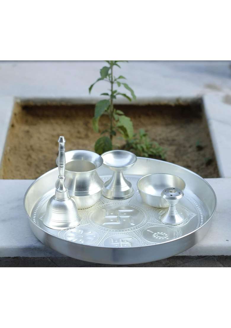 Indian Art Villa Pure Brass Silver Plated Pooja Thali Set with Ashtmangal Beeded Design - Indya