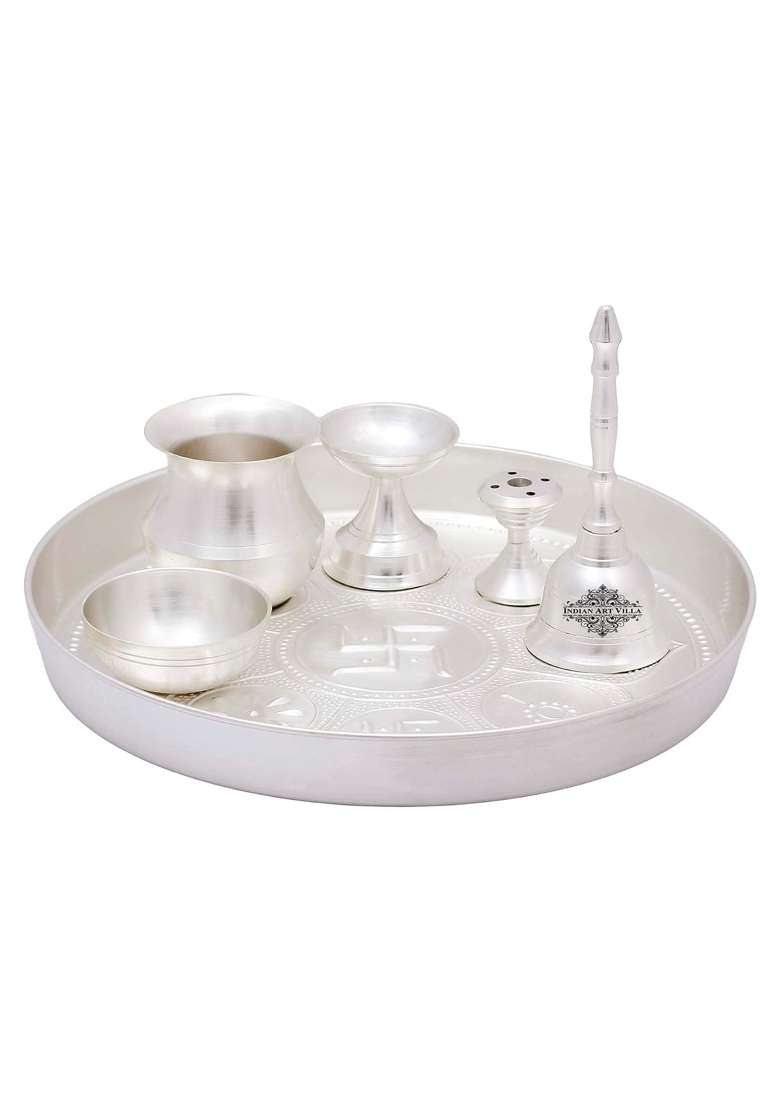 Indian Art Villa Pure Brass Silver Plated Pooja Thali Set with Ashtmangal Beeded Design - Indya