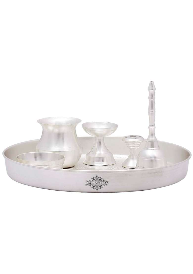 Indian Art Villa Pure Brass Silver Plated Pooja Thali Set with Ashtmangal Beeded Design - Indya