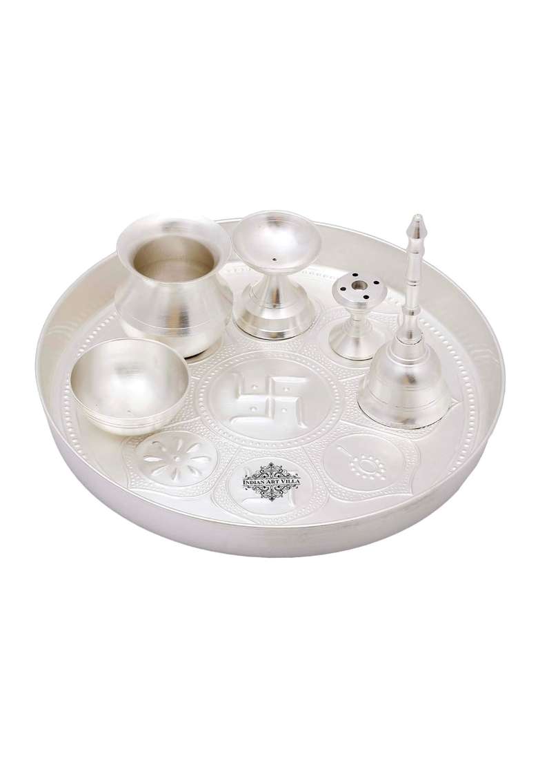 Indian Art Villa Pure Brass Silver Plated Pooja Thali Set with Ashtmangal Beeded Design - Indya