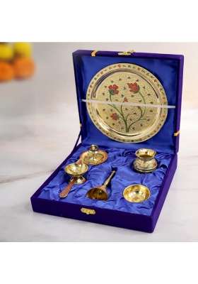 Putrika Gold Brass Traditional Pooja Thali Set with Meenakari Design Engraved