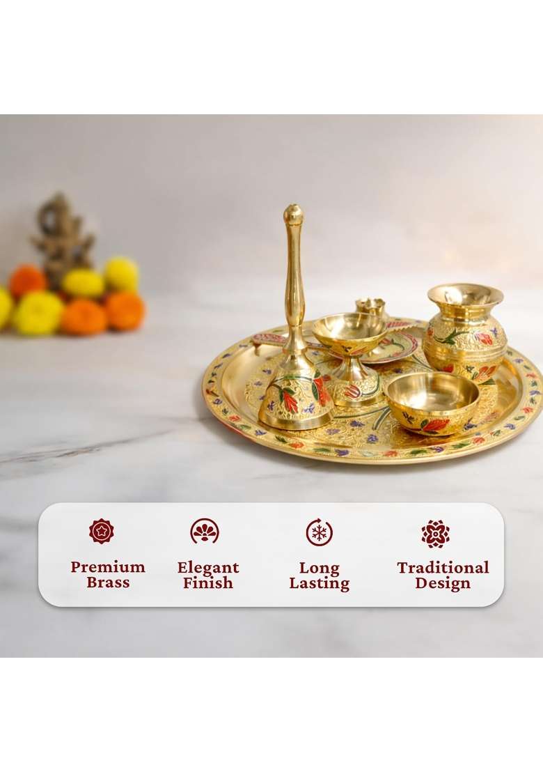 Putrika Gold Brass Traditional Pooja Thali Set with Meenakari Design Engraved - Indya