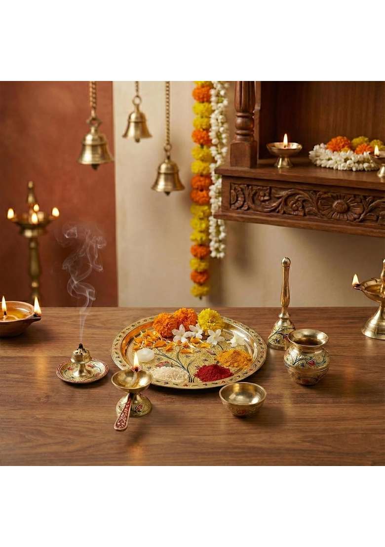 Putrika Gold Brass Traditional Pooja Thali Set with Meenakari Design Engraved - Indya
