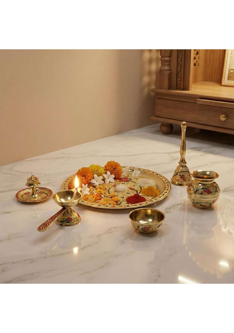 Putrika Gold Brass Traditional Pooja Thali Set with Meenakari Design Engraved - Indya