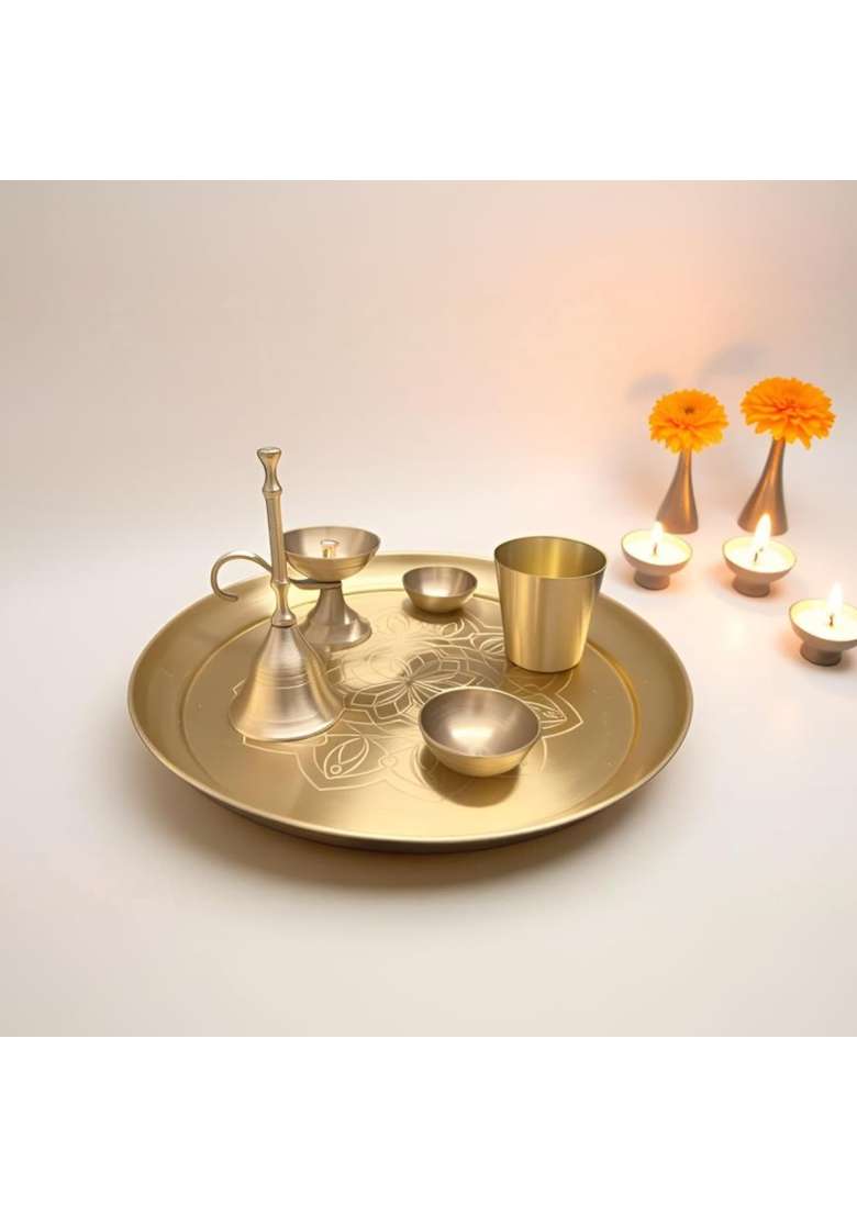 Nutrion Gold Brass Pooja Thali 10 Inch Traditional Puja Plate for Aarti Arathi and Festivals - Indya