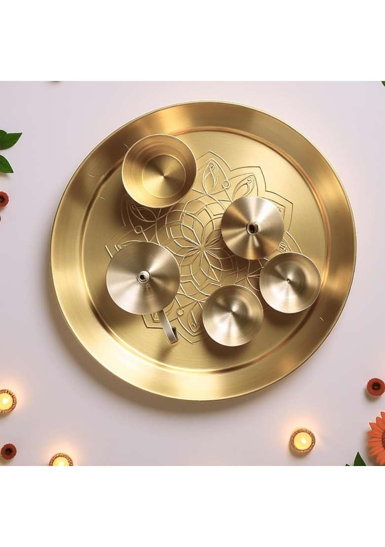 Nutrion Gold Brass Pooja Thali 10 Inch Traditional Puja Plate for Aarti Arathi and Festivals - Indya