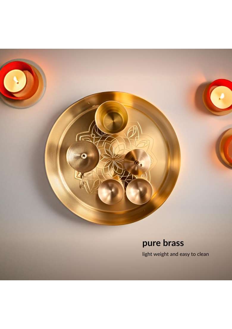 Nutrion Gold Brass Pooja Thali 10 Inch Traditional Puja Plate for Aarti Arathi and Festivals - Indya
