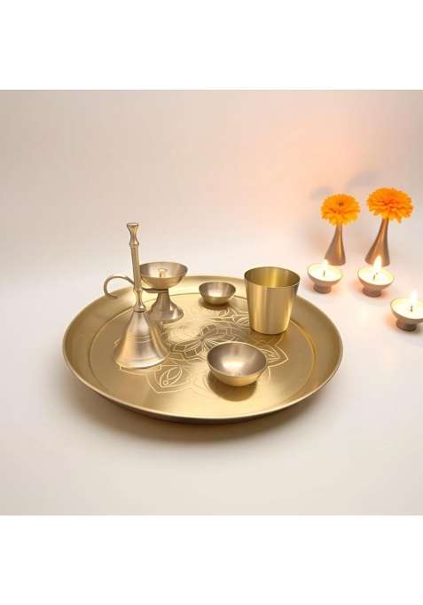 Nutrion Gold Brass Pooja Thali 10 Inch Traditional Puja Plate for Aarti Arathi and Festivals