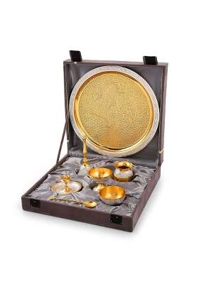 Brass Globe Pooja Thali Set with Box Golden Tone Pooja Thali Set Pack of 7