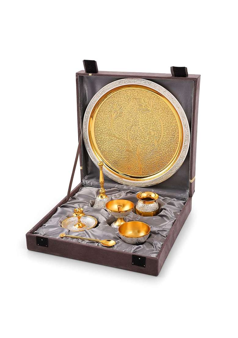 Brass Globe Pooja Thali Set with Box Golden Tone Pooja Thali Set Pack of 7 - Indya